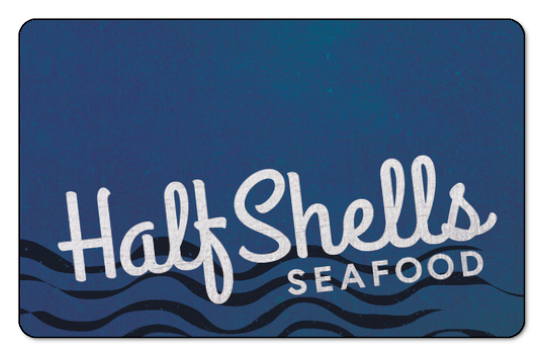 Half Shells Seafood logo over blue background featuring navy blue waves